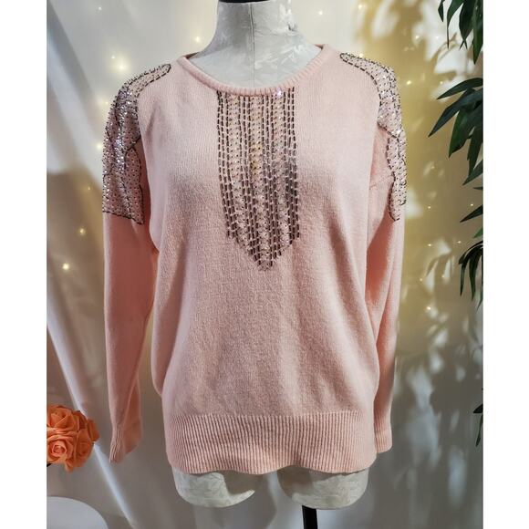 Vtg Eminent Beaded Sequin Angora Rabbit Hair Wool Sweater Womens Size "S Pink - Picture 1 of 14